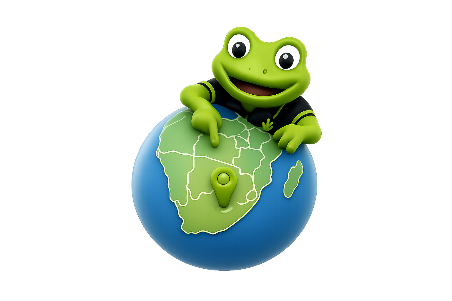 HopDrop coverage map mascot — frog with globe